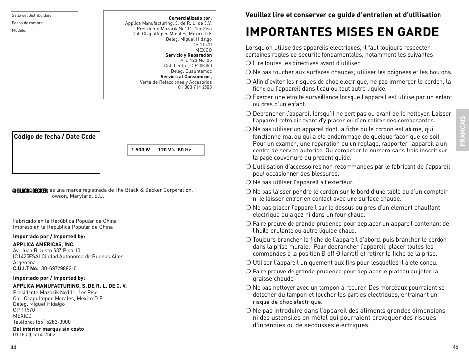 Importantes mises en garde | Black & Decker Perfect Broil CTO4400B-11G User Manual | Page 23 / 35