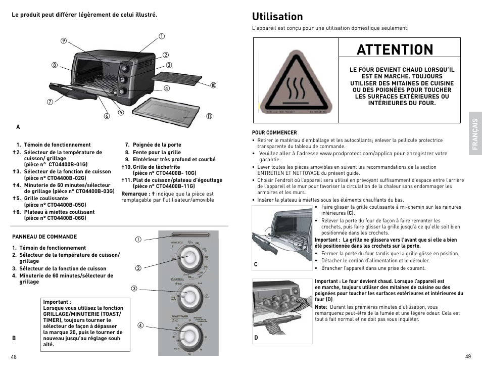 Attention, Utilisation | Black & Decker Perfect Broil CTO4400B-11G User Manual | Page 25 / 35