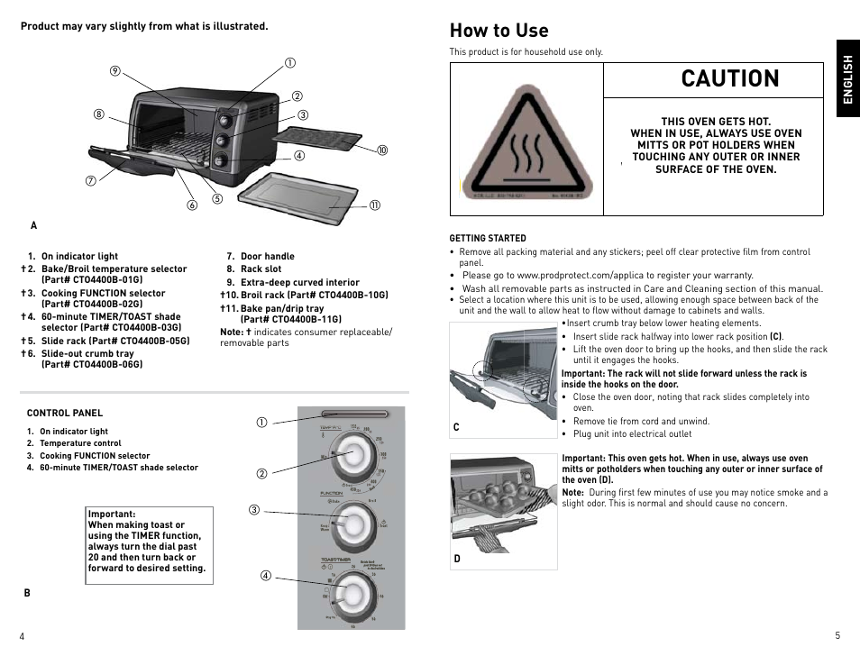 Caution, How to use | Black & Decker Perfect Broil CTO4400B-11G User Manual | Page 3 / 35
