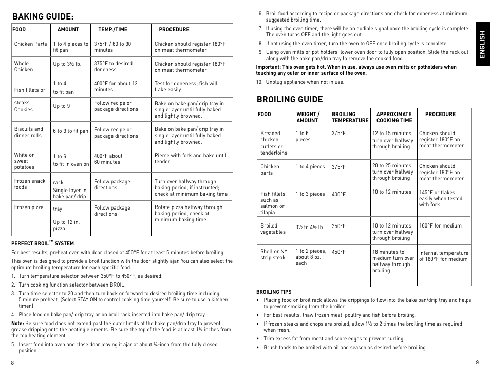 Baking guide, Broiling guide | Black & Decker Perfect Broil CTO4400B-11G User Manual | Page 5 / 35