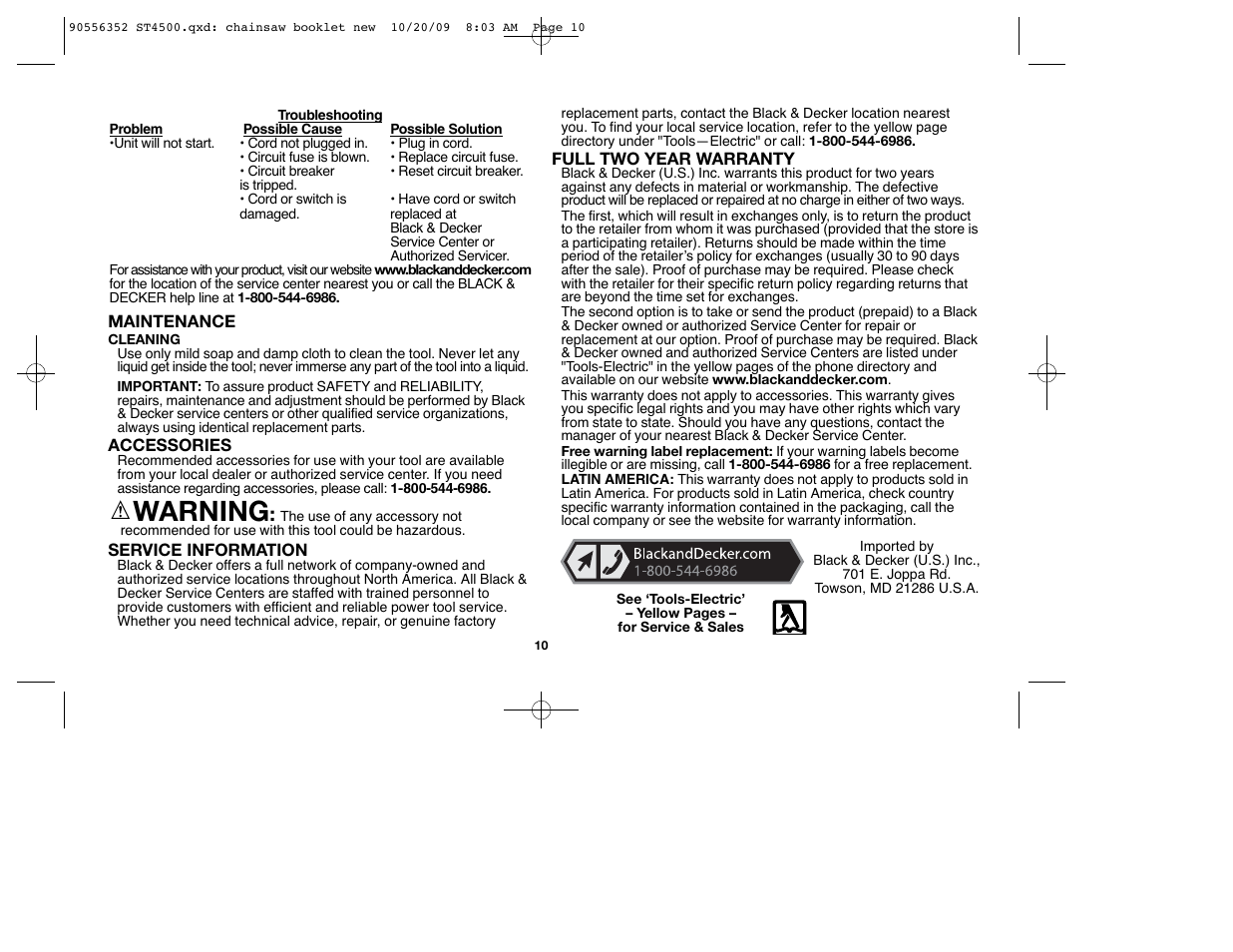 Warning | Black & Decker ST7700 User Manual | Page 10 / 36