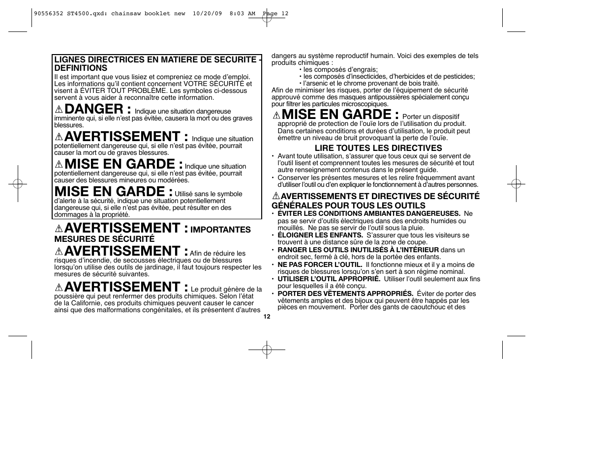 Mise en garde, Danger, Avertissement | Black & Decker ST7700 User Manual | Page 12 / 36