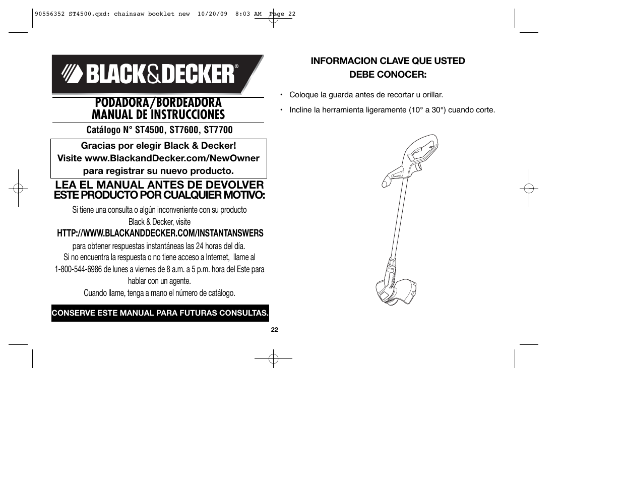 Podadora/bordeadora manual de instrucciones | Black & Decker ST7700 User Manual | Page 22 / 36