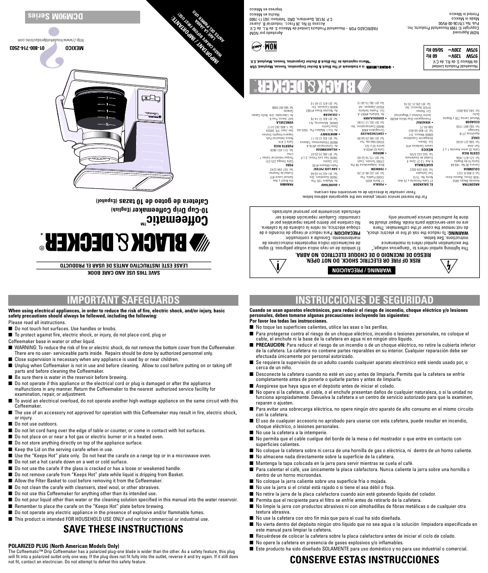 Instrucciones, Cafetera de goteo de 10 tazas, Español) | Coffeematic, Important safeguards, Save these instructions instrucciones de seguridad, Conserve estas instrucciones, Dcm90m series, Cup drip coffeemaker | Black & Decker DCM90M User Manual | Page 3 / 5