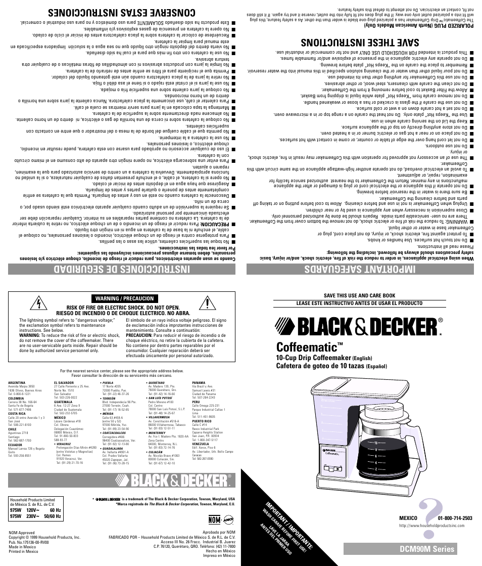 Coffeematic, Important safeguards, Save these instructions instrucciones de seguridad | Conserve estas instrucciones, Dcm90m series, Cup drip coffeemaker, Cafetera de goteo de 10 tazas | Black & Decker DCM90M User Manual | Page 4 / 5