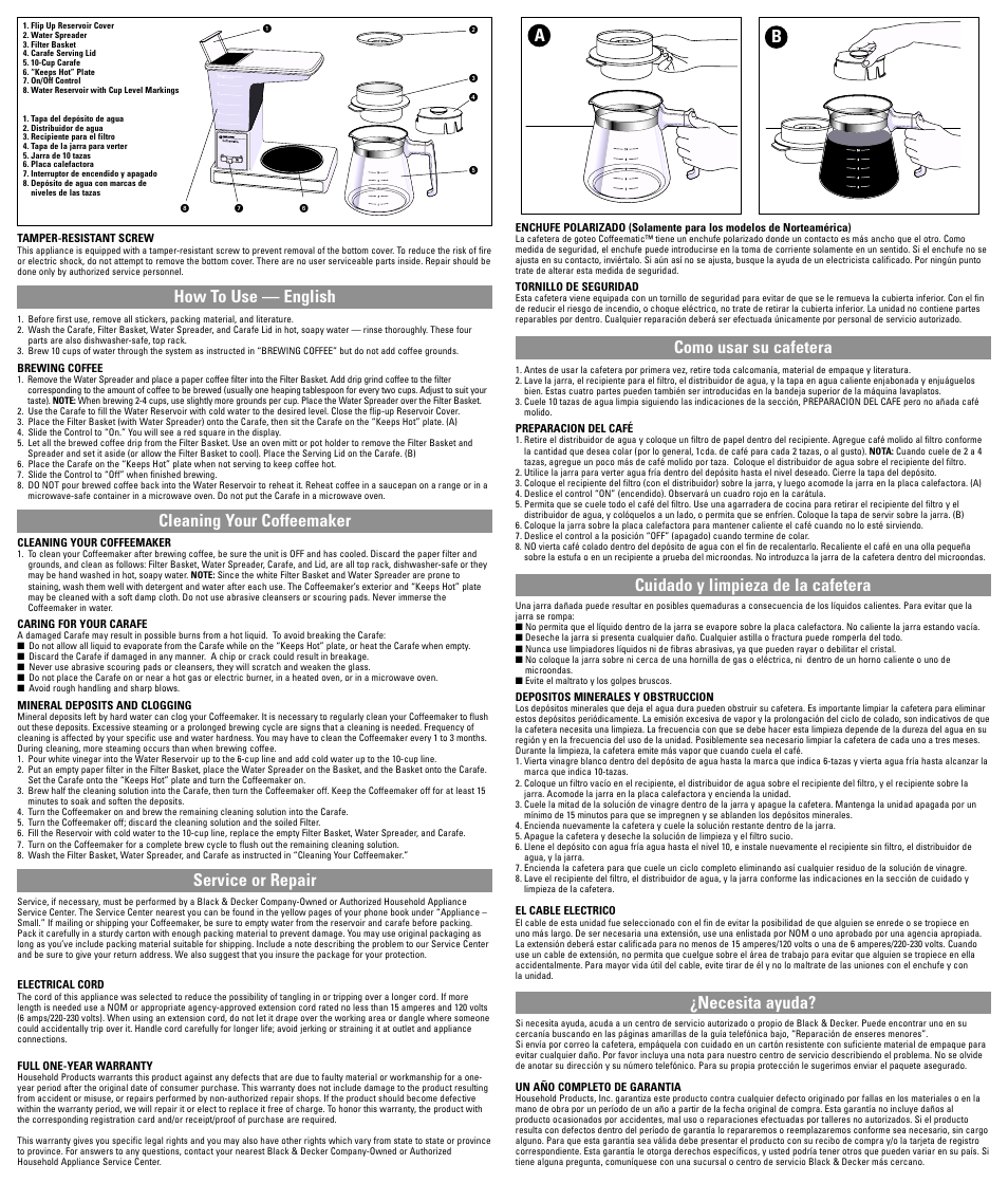 How to use, Cleaning, Como usar | Cuidado y limpieza, How to use — english cleaning your coffeemaker, Service or repair, Necesita ayuda | Black & Decker DCM90M User Manual | Page 5 / 5