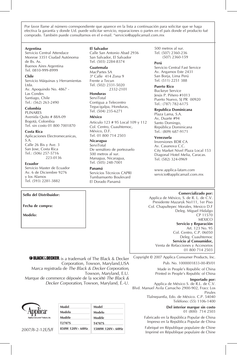 Black & Decker T2707S User Manual | Page 17 / 17