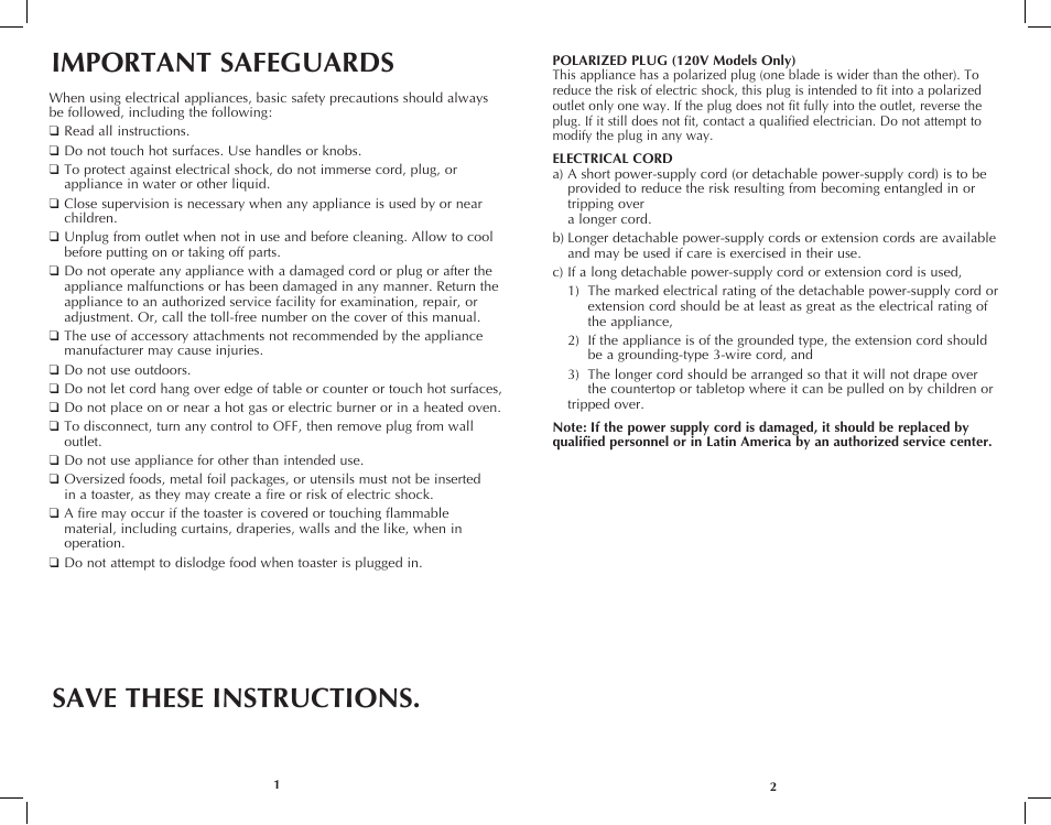 Important safeguards save these instructions | Black & Decker T2707S User Manual | Page 2 / 17