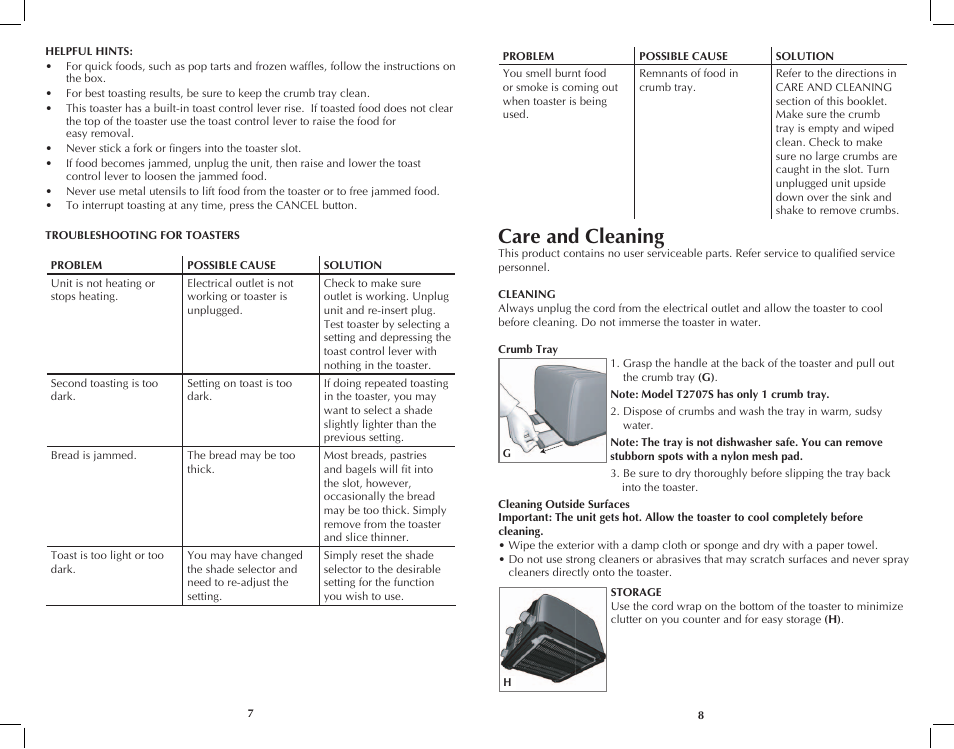 Care and cleaning | Black & Decker T2707S User Manual | Page 5 / 17