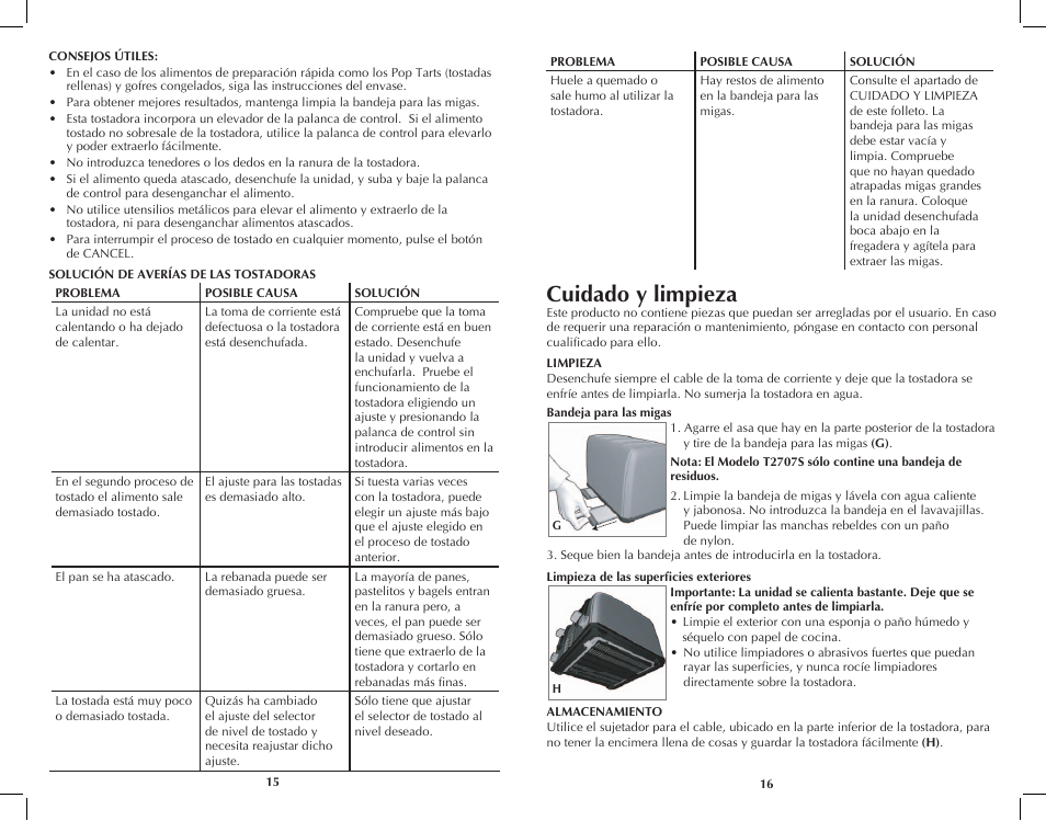 Cuidado y limpieza | Black & Decker T2707S User Manual | Page 9 / 17