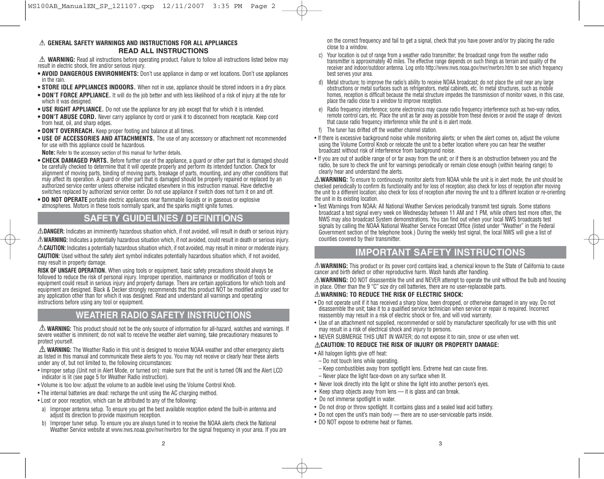 Important safety instructions, Safety guidelines / definitions, Weather radio safety instructions | Black & Decker WS100AB User Manual | Page 2 / 8