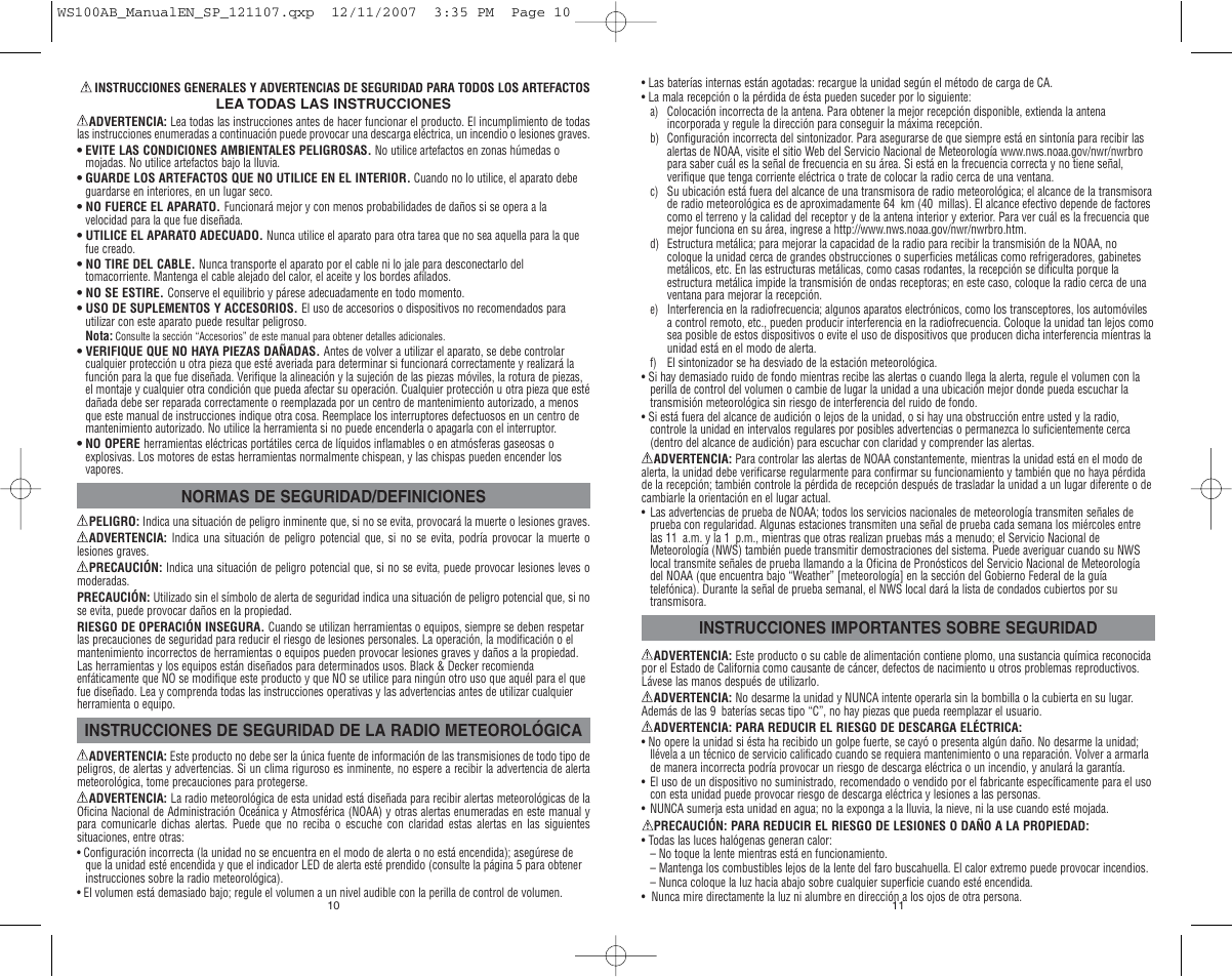 Instrucciones importantes sobre seguridad, Normas de seguridad/definiciones | Black & Decker WS100AB User Manual | Page 6 / 8