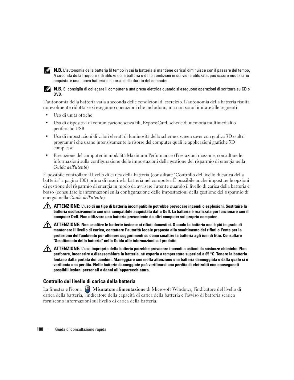 Controllo del livello di carica della batteria | Dell Latitude 131L User Manual | Page 100 / 132