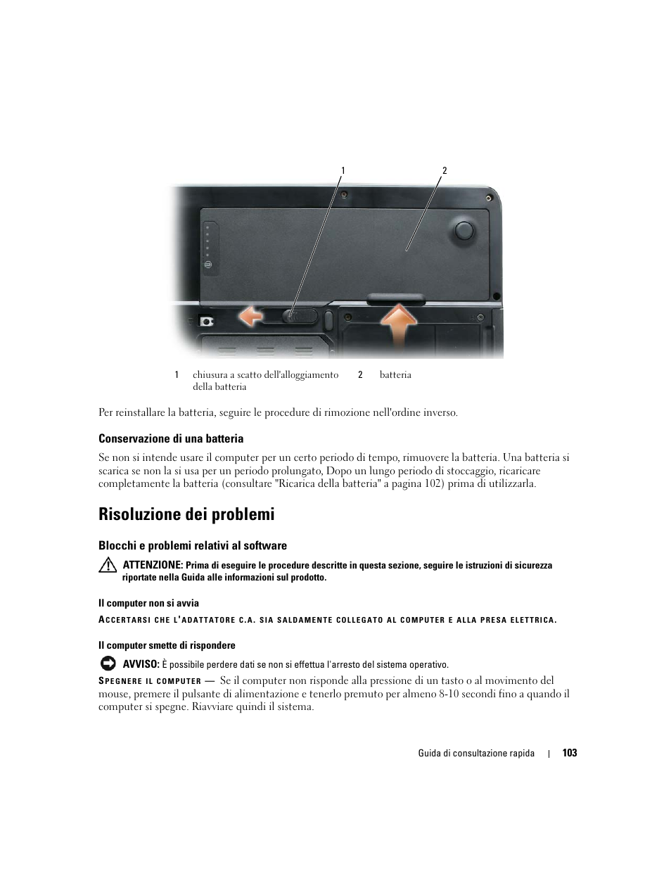 Conservazione di una batteria, Risoluzione dei problemi, Blocchi e problemi relativi al software | Dell Latitude 131L User Manual | Page 103 / 132