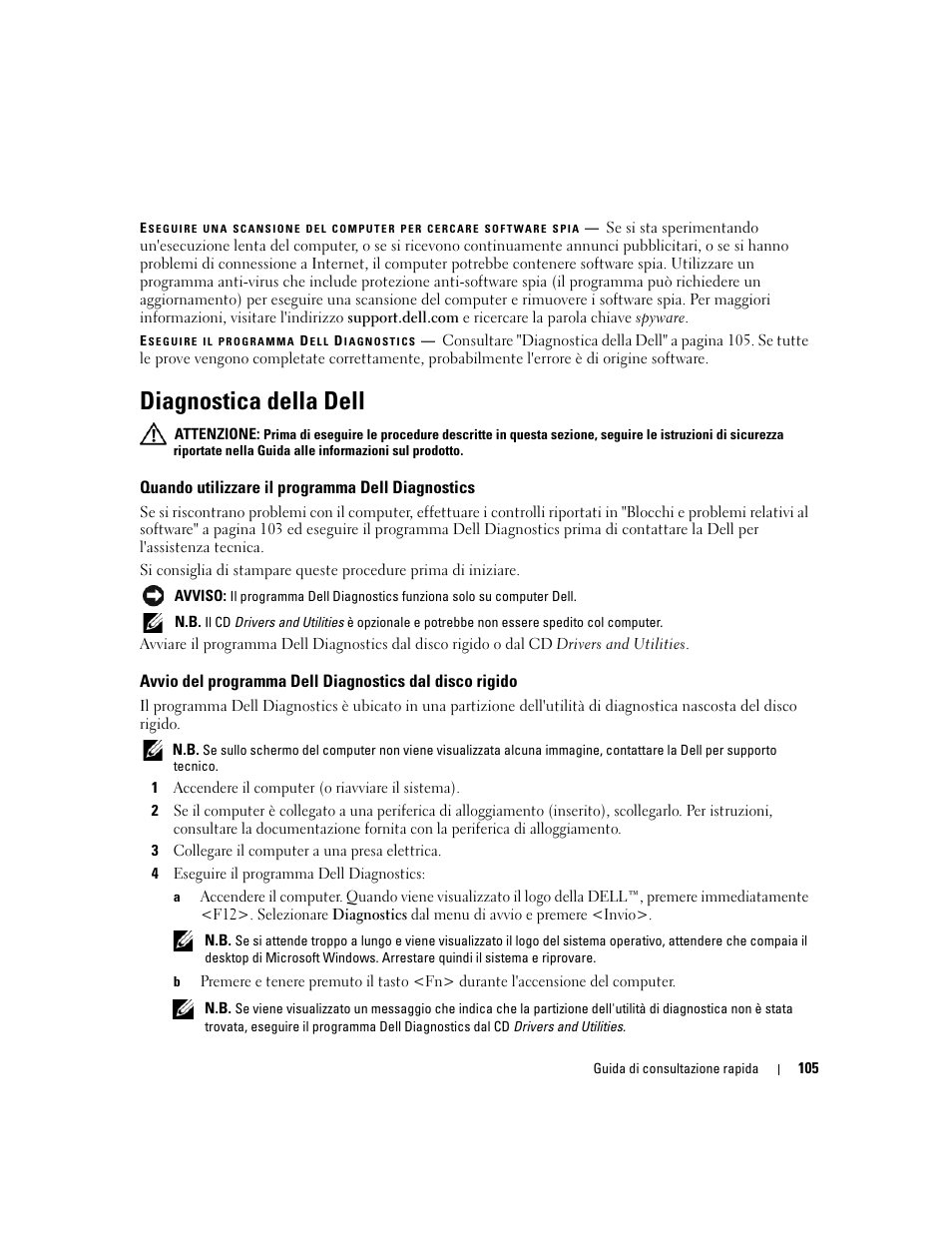 Diagnostica della dell, Quando utilizzare il programma dell diagnostics | Dell Latitude 131L User Manual | Page 105 / 132