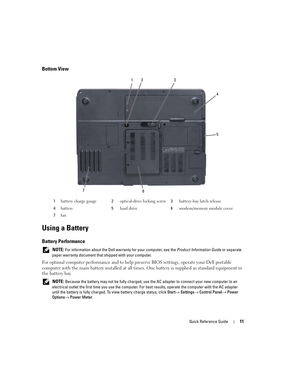 Bottom view, Using a battery, Battery performance | Dell Latitude 131L User Manual | Page 11 / 132