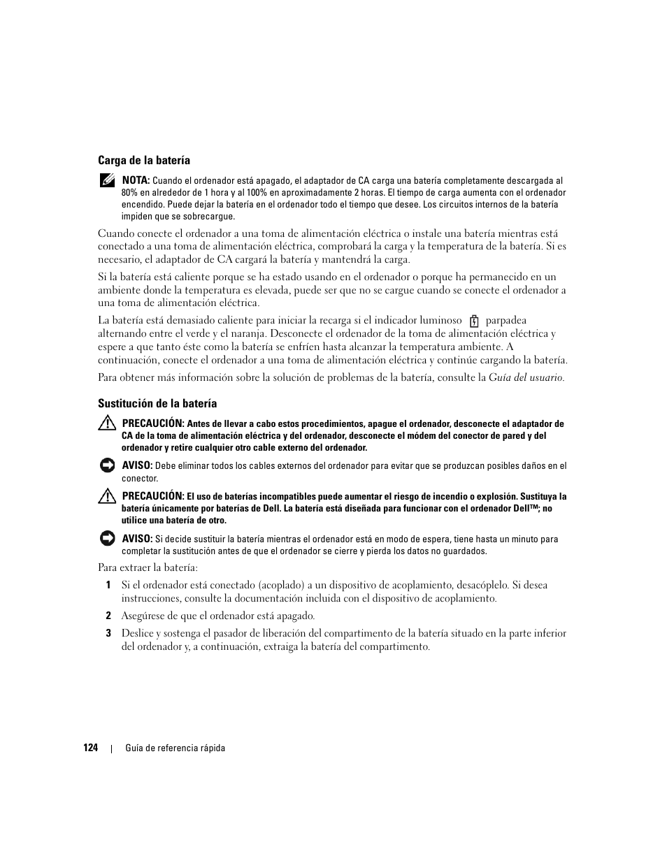 Carga de la batería, Sustitución de la batería | Dell Latitude 131L User Manual | Page 124 / 132