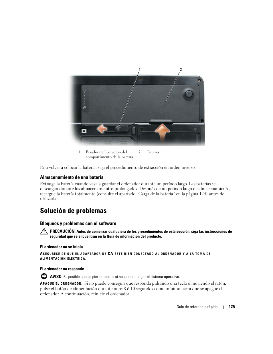 Almacenamiento de una batería, Solución de problemas, Bloqueos y problemas con el software | Dell Latitude 131L User Manual | Page 125 / 132