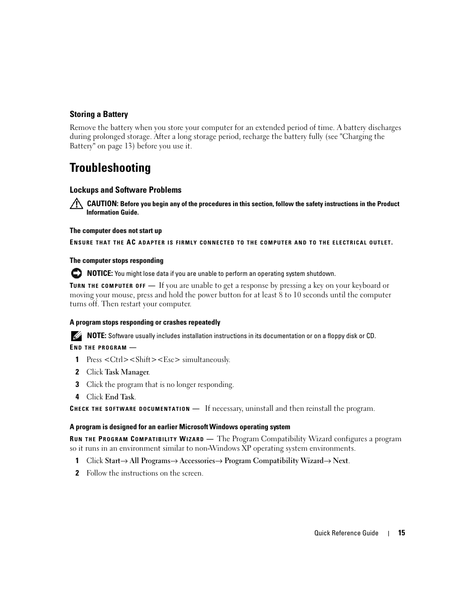 Storing a battery, Troubleshooting, Lockups and software problems | Dell Latitude 131L User Manual | Page 15 / 132