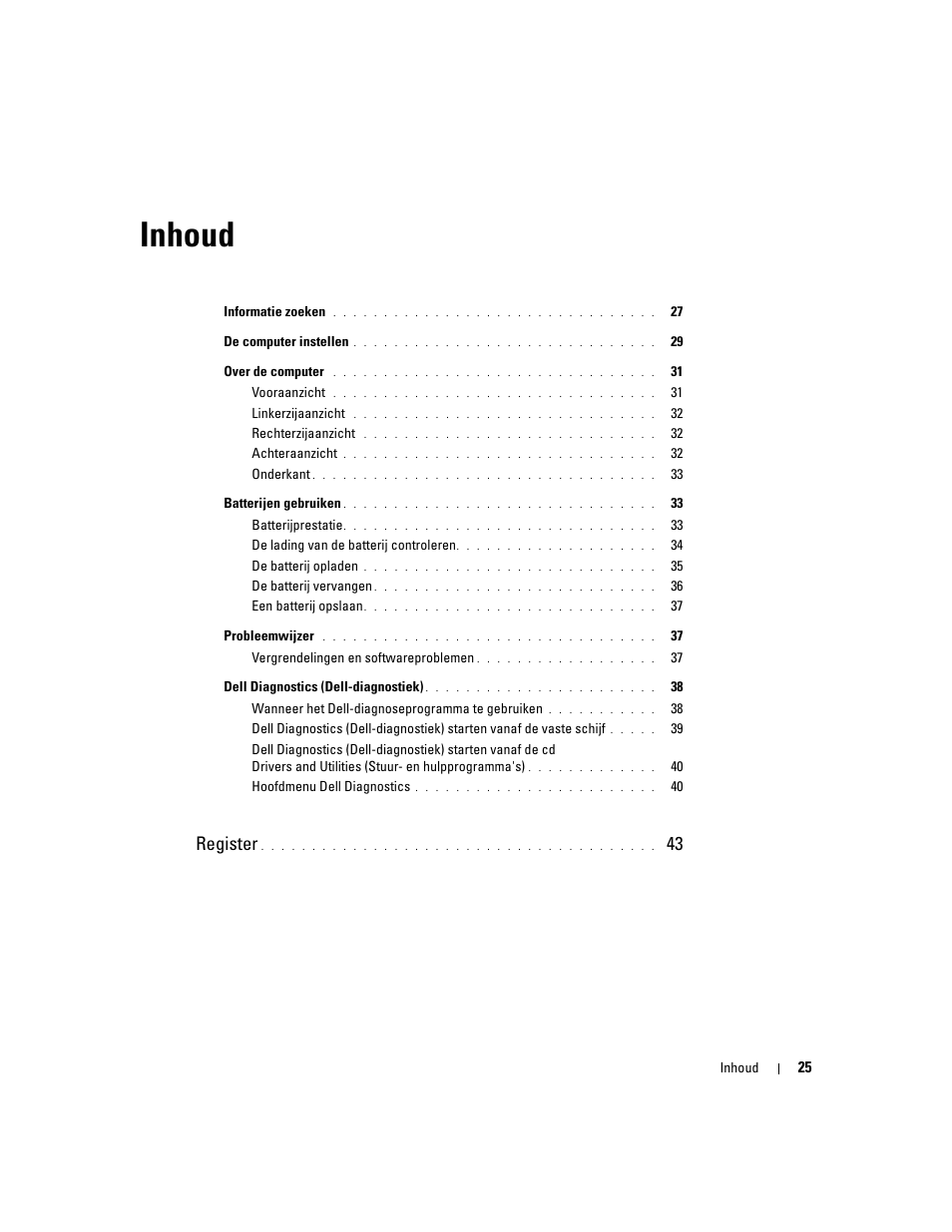 Inhoud, Register | Dell Latitude 131L User Manual | Page 25 / 132