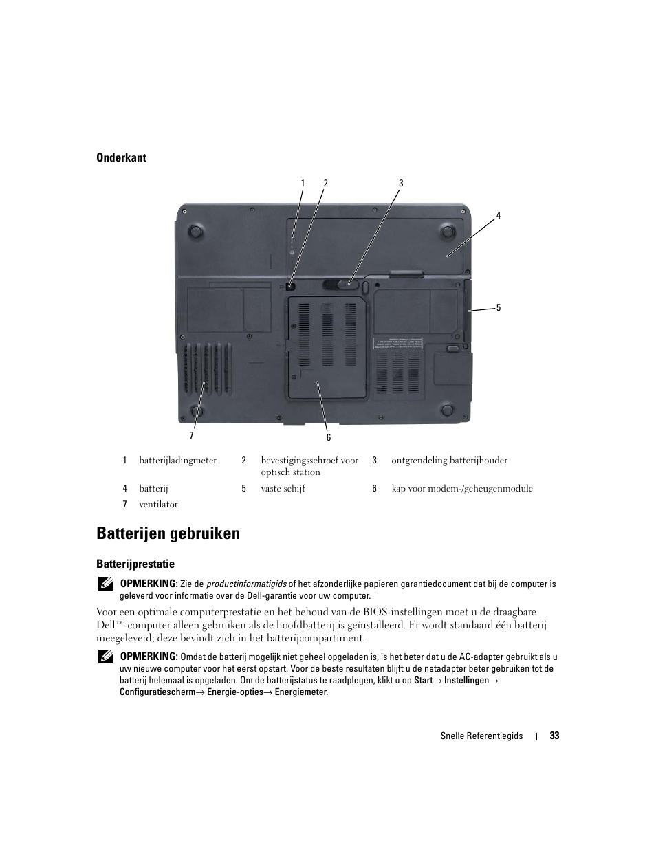 Onderkant, Batterijen gebruiken, Batterijprestatie | Dell Latitude 131L User Manual | Page 33 / 132