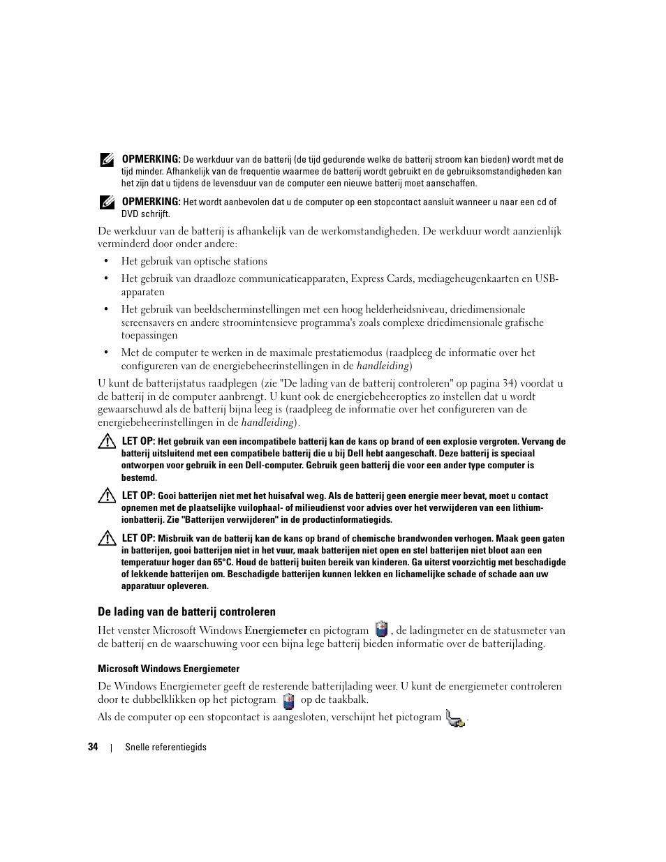 De lading van de batterij controleren | Dell Latitude 131L User Manual | Page 34 / 132