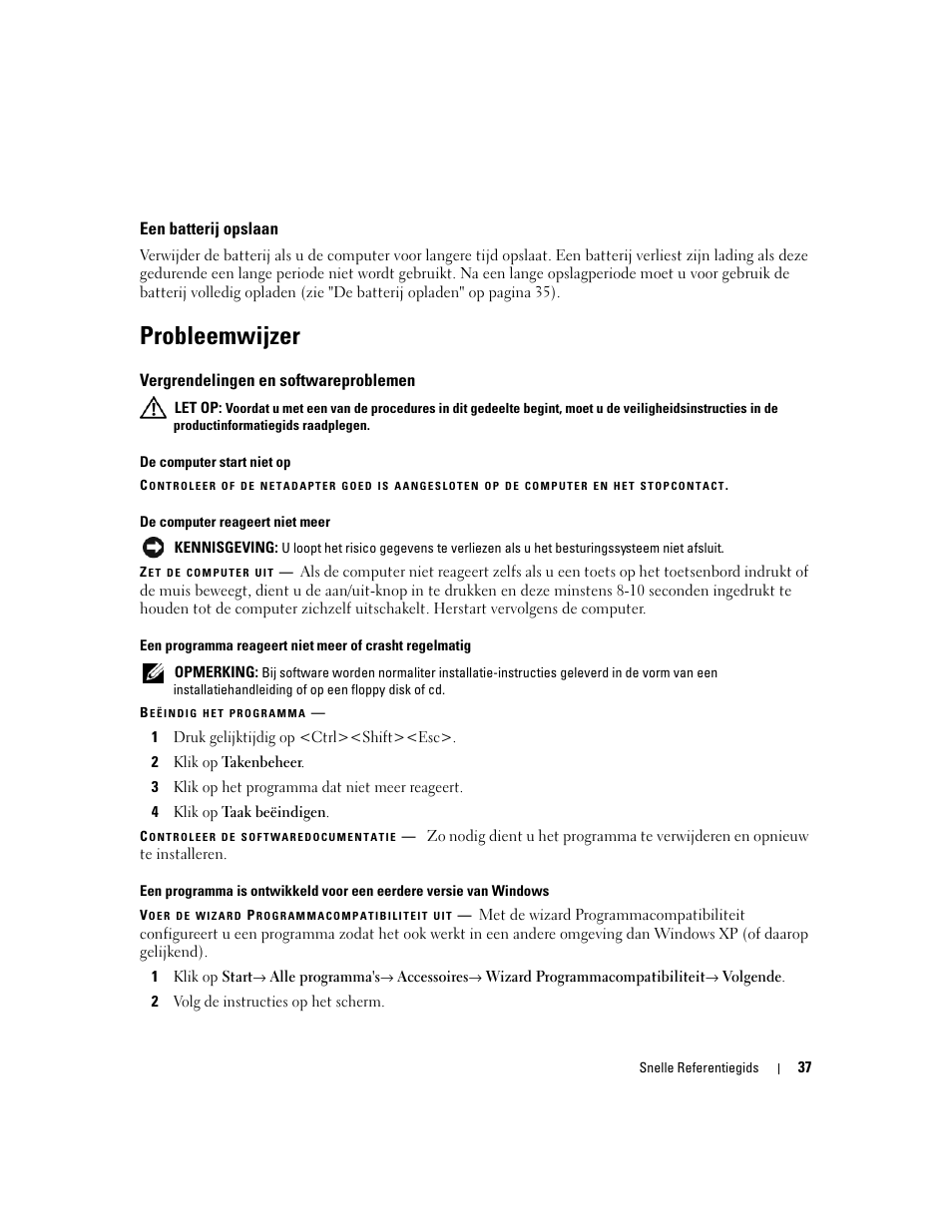 Een batterij opslaan, Probleemwijzer, Vergrendelingen en softwareproblemen | Dell Latitude 131L User Manual | Page 37 / 132