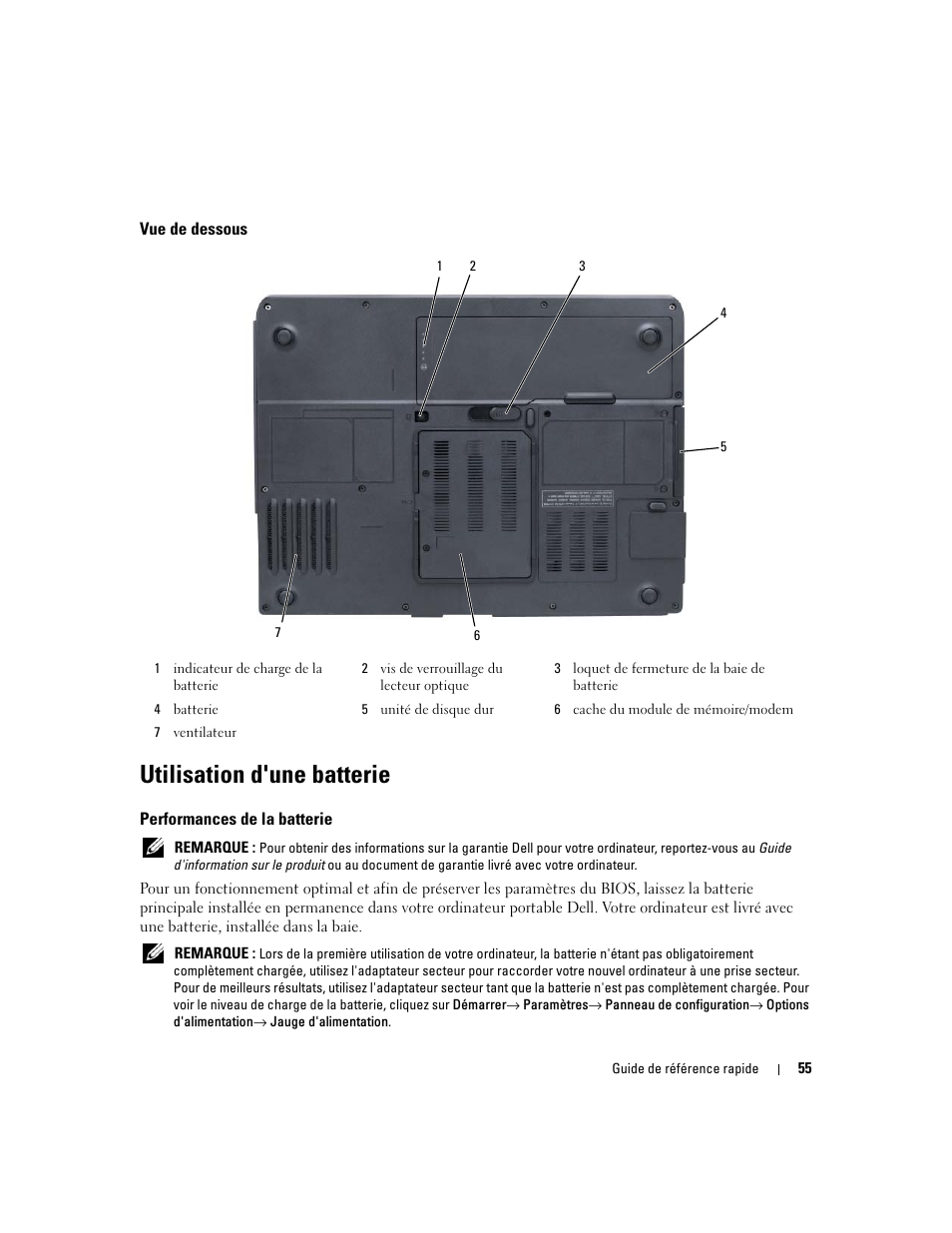 Vue de dessous, Utilisation d'une batterie, Performances de la batterie | Dell Latitude 131L User Manual | Page 55 / 132