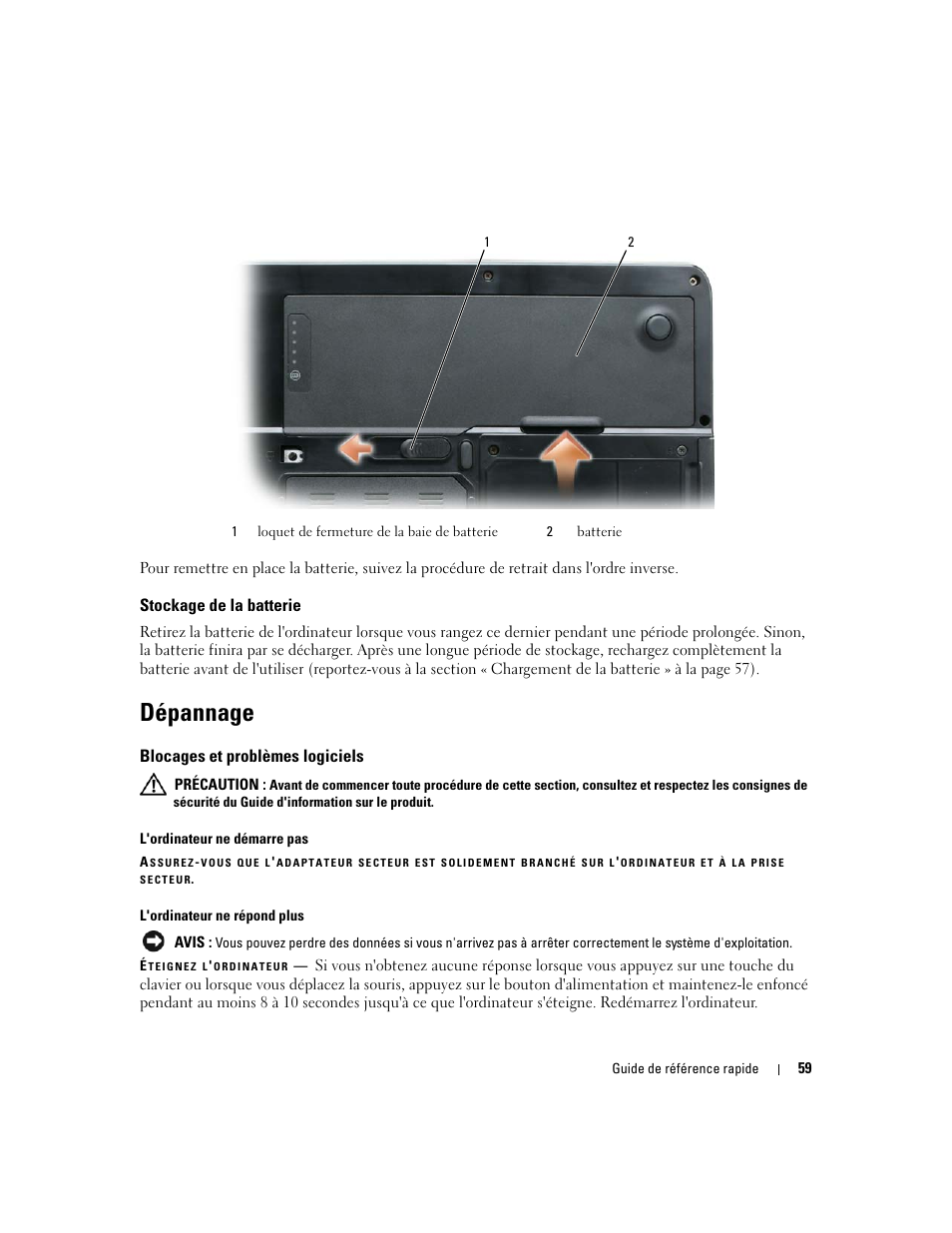 Stockage de la batterie, Dépannage, Blocages et problèmes logiciels | Dell Latitude 131L User Manual | Page 59 / 132