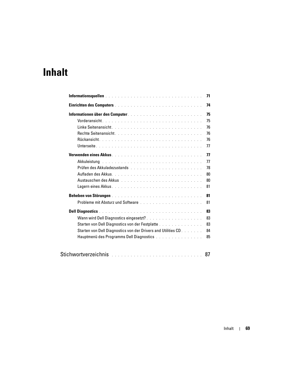 Inhalt, Stichwortverzeichnis | Dell Latitude 131L User Manual | Page 69 / 132