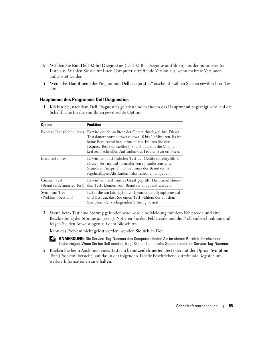 Hauptmenü des programms dell diagnostics | Dell Latitude 131L User Manual | Page 85 / 132