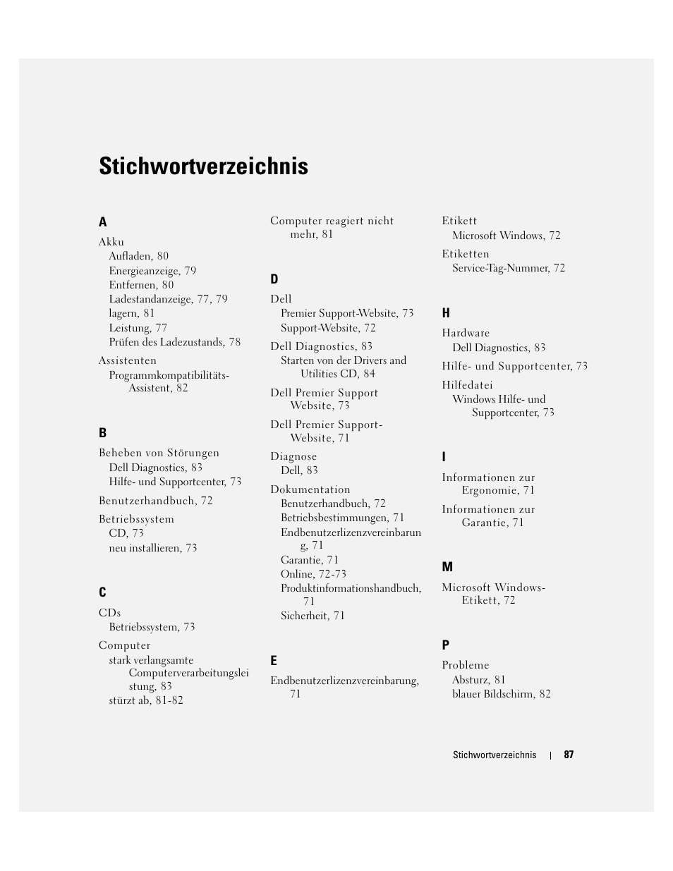 Stichwortverzeichnis | Dell Latitude 131L User Manual | Page 87 / 132