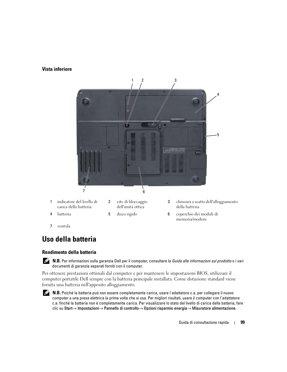 Vista inferiore, Uso della batteria, Rendimento della batteria | Dell Latitude 131L User Manual | Page 99 / 132