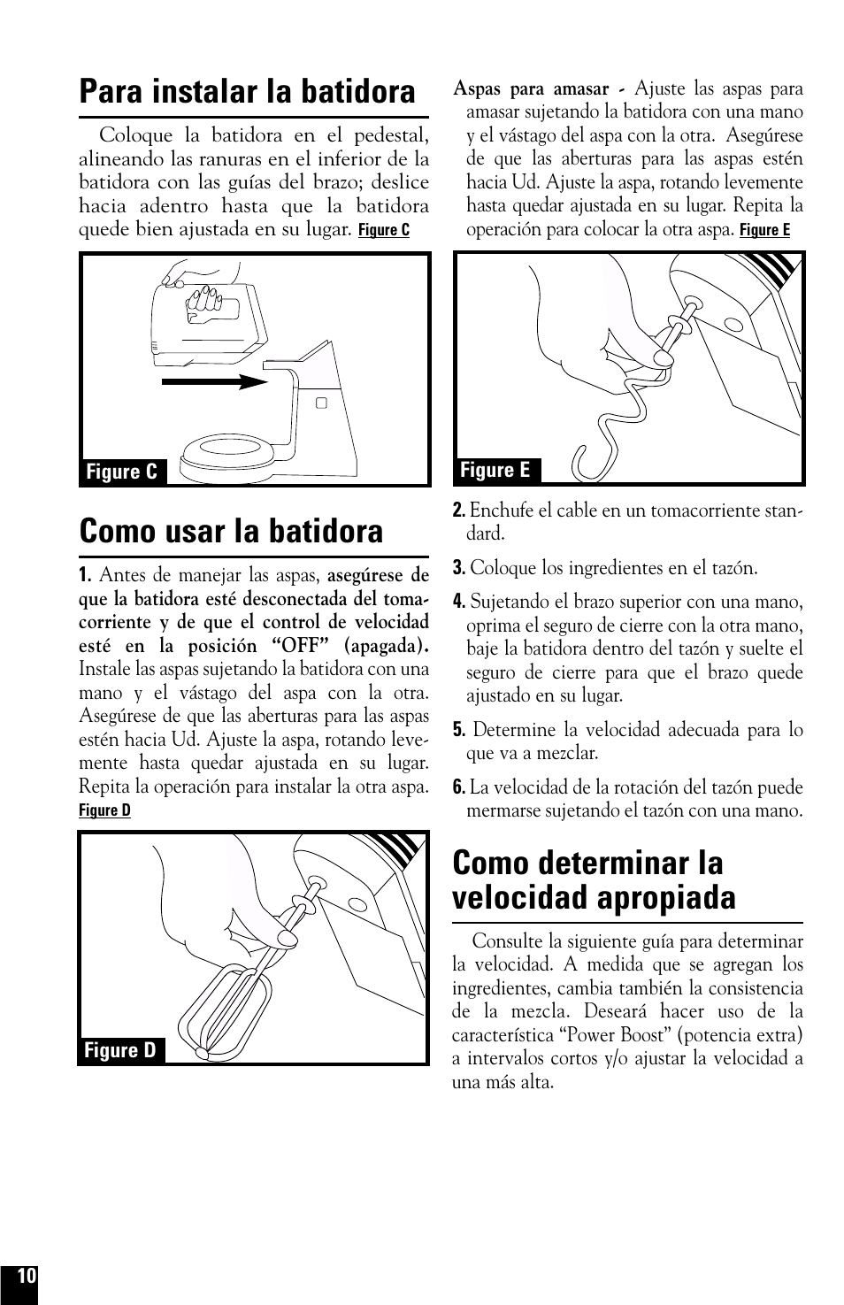 Para instalar la batidora, Como usar la batidora, Como determinar la velocidad apropiada | Black & Decker M275 User Manual | Page 10 / 12