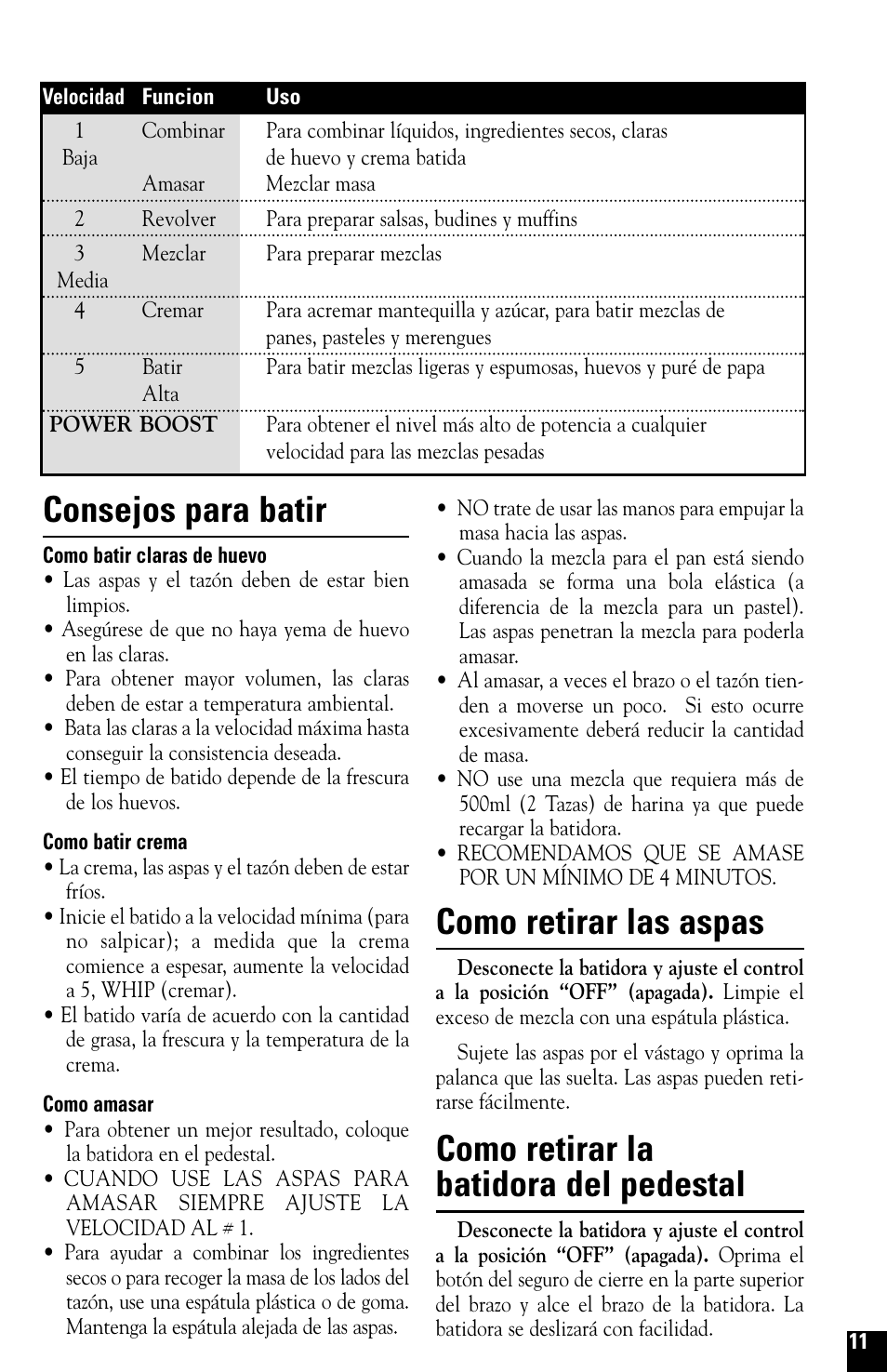 Consejos para batir, Como retirar las aspas, Como retirar la batidora del pedestal | Black & Decker M275 User Manual | Page 11 / 12