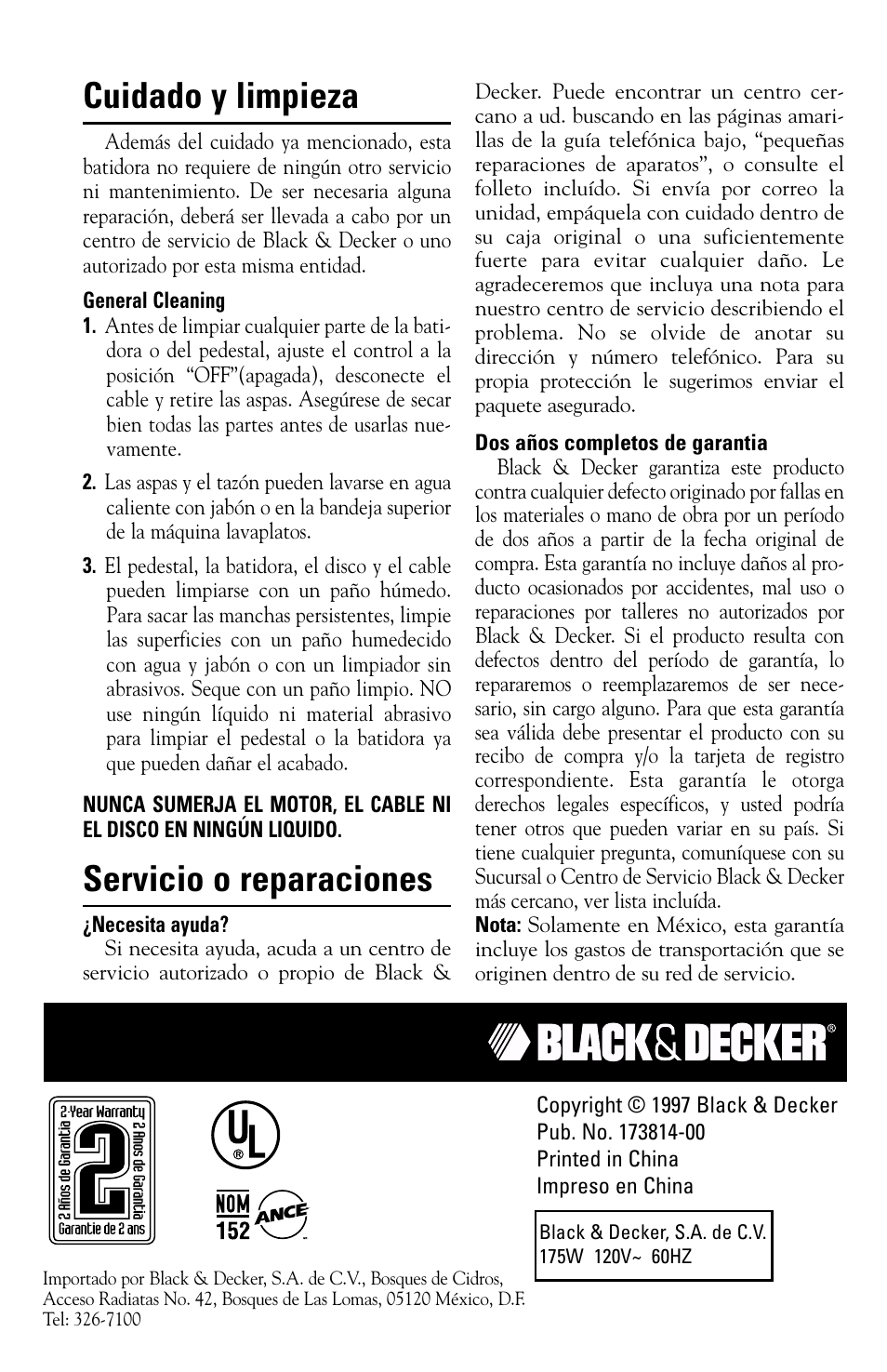 Cuidado y limpieza, Servicio, Garantia | Servicio o reparaciones | Black & Decker M275 User Manual | Page 12 / 12