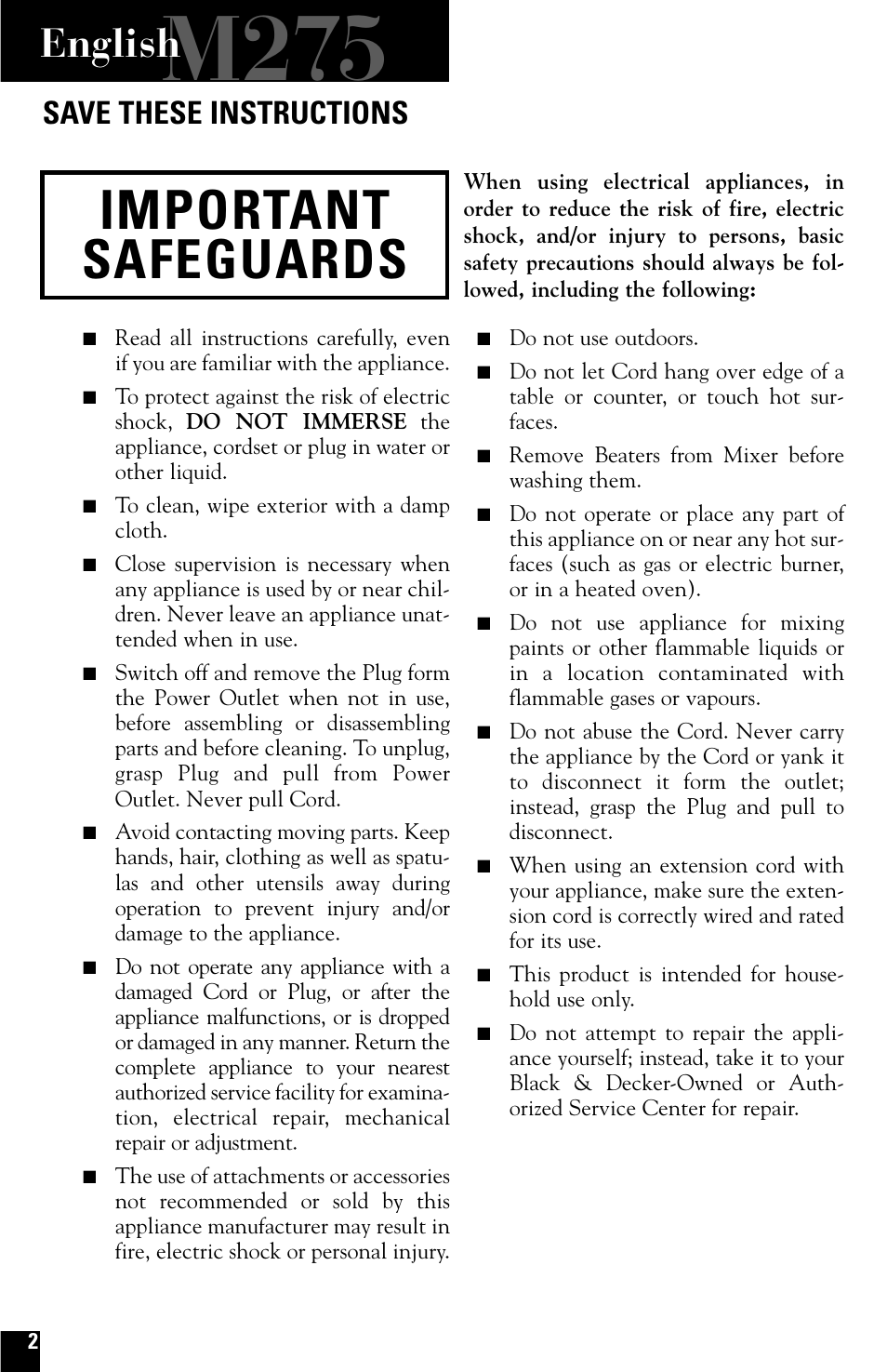 Safegaurds, Stand mixer, M275 | Important safeguards, English, Save these instructions | Black & Decker M275 User Manual | Page 2 / 12