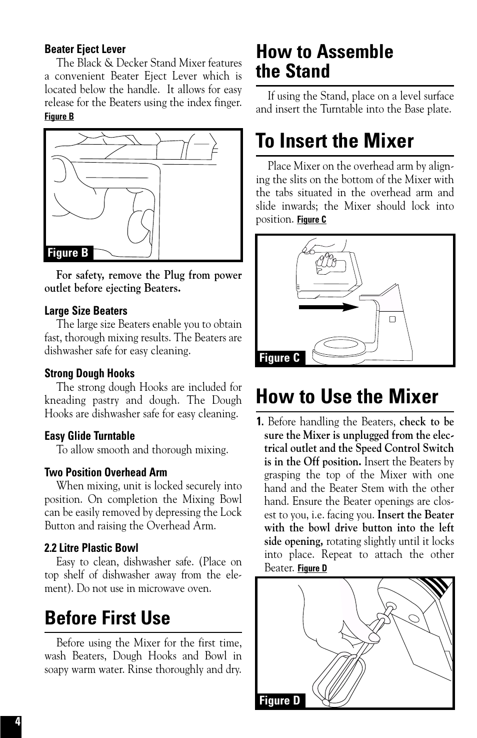 Stand assembly, How to use the mixer, Before first use | How to assemble the stand | Black & Decker M275 User Manual | Page 4 / 12