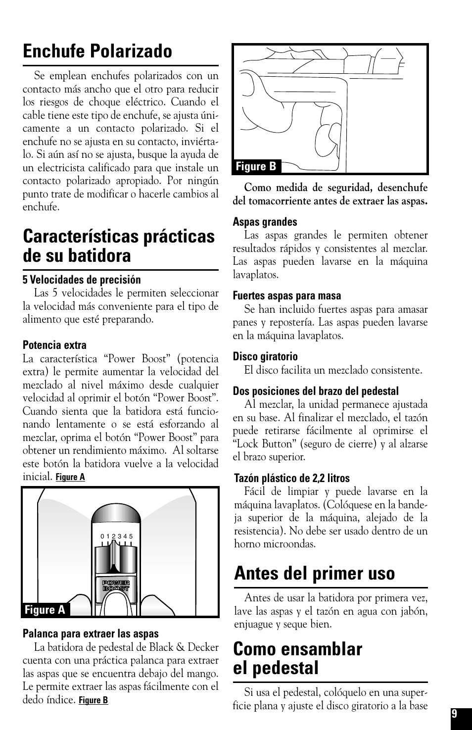 Enchufe polarizado, Características prácticas de su batidora, Antes del primer uso | Como ensamblar el pedestal | Black & Decker M275 User Manual | Page 9 / 12