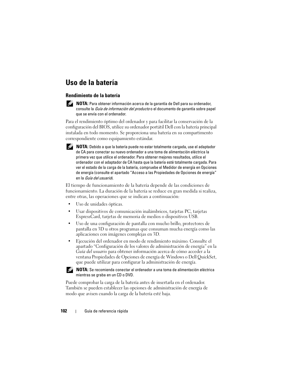 Uso de la batería, Rendimiento de la batería | Dell Precision M6300 (Late 2007) User Manual | Page 102 / 116