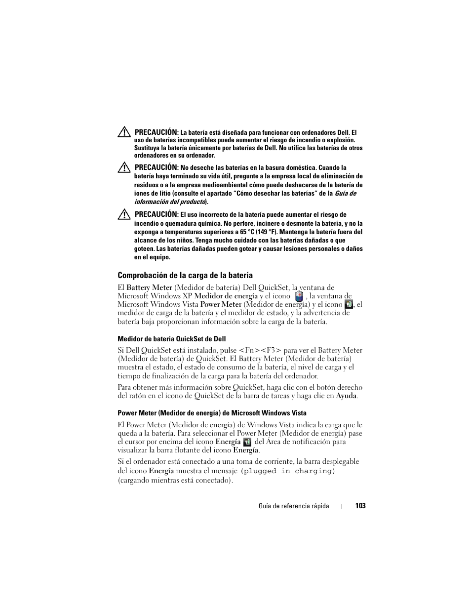 Comprobación de la carga de la batería | Dell Precision M6300 (Late 2007) User Manual | Page 103 / 116