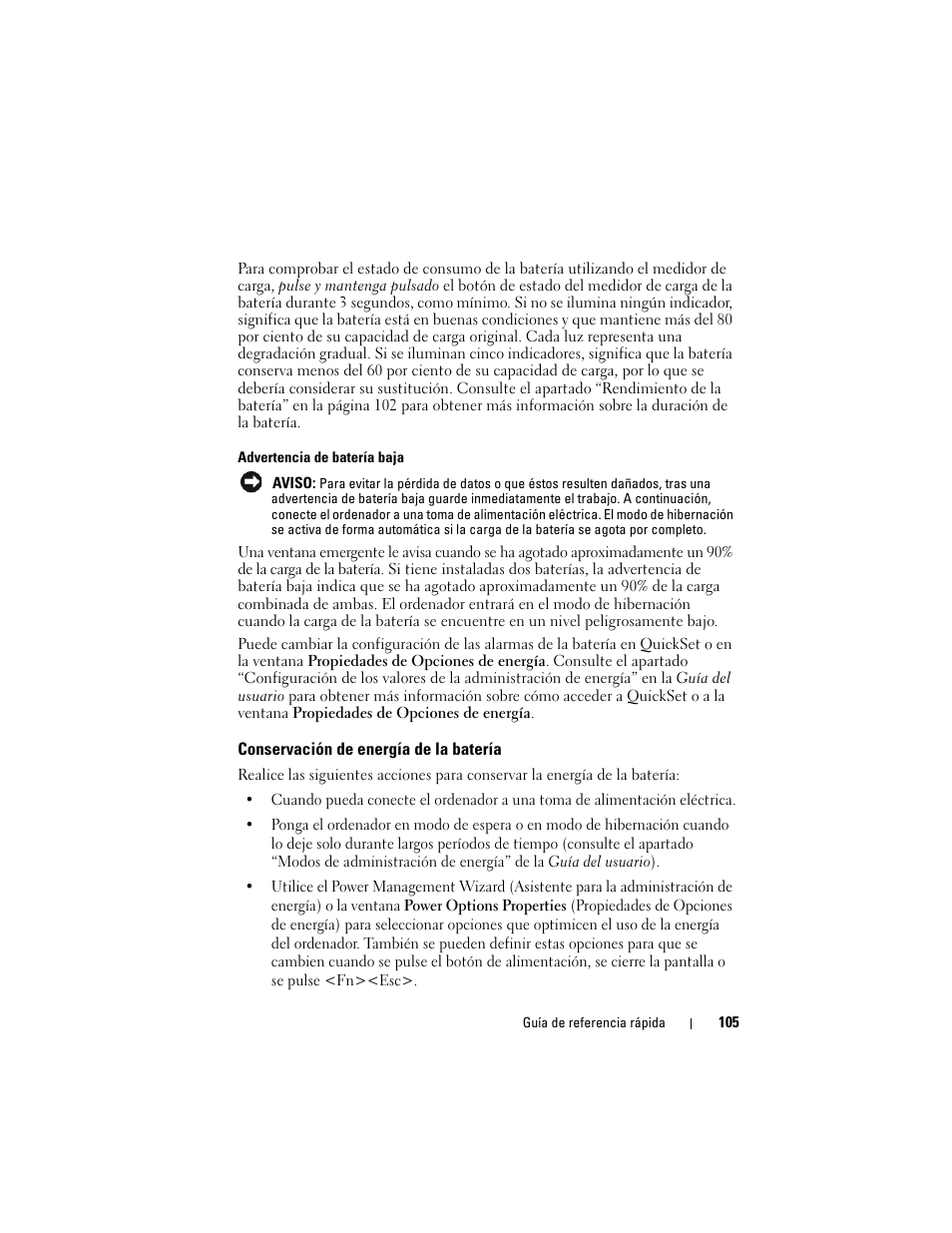 Conservación de energía de la batería | Dell Precision M6300 (Late 2007) User Manual | Page 105 / 116
