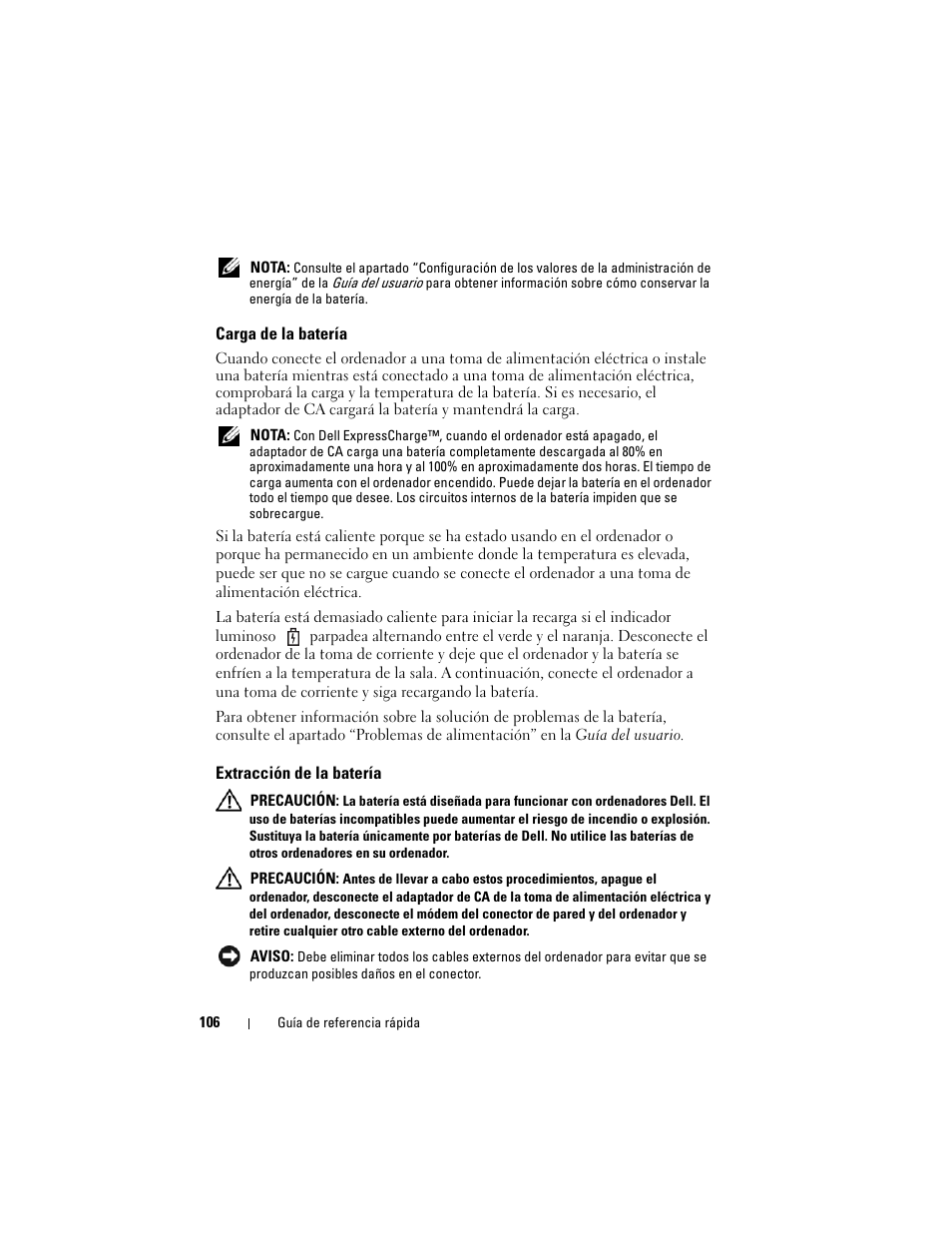 Carga de la batería, Extracción de la batería | Dell Precision M6300 (Late 2007) User Manual | Page 106 / 116