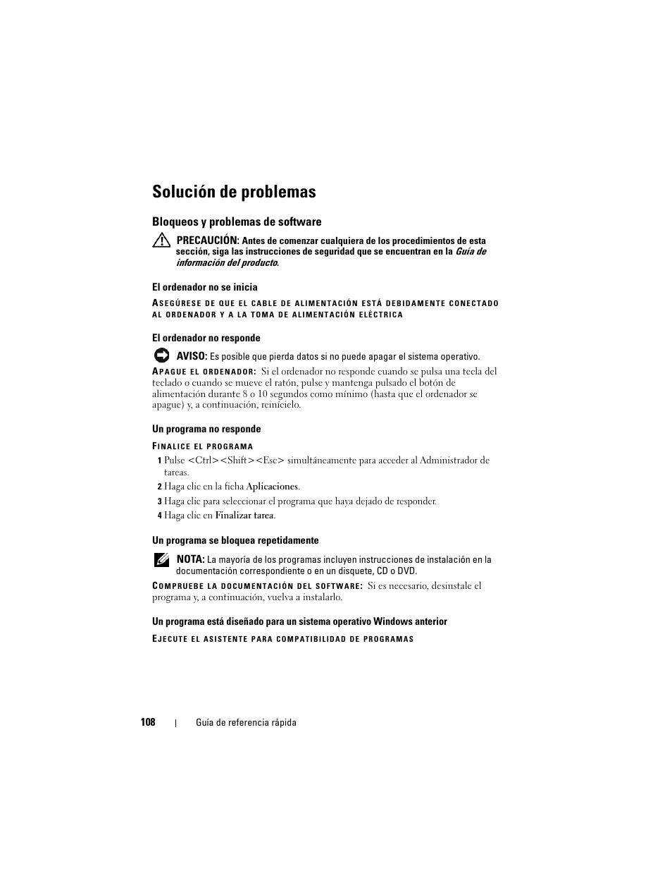 Solución de problemas, Bloqueos y problemas de software | Dell Precision M6300 (Late 2007) User Manual | Page 108 / 116