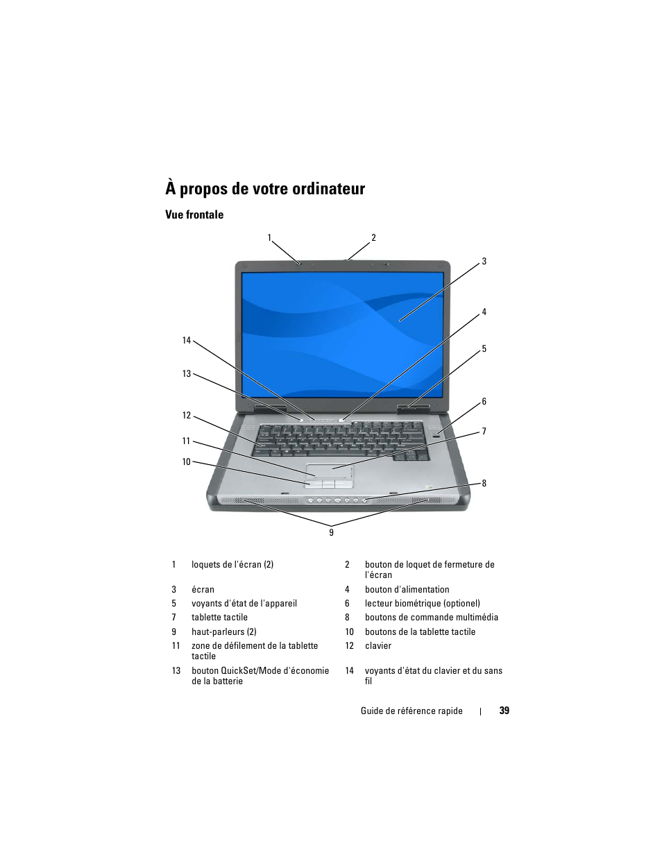À propos de votre ordinateur, Vue frontale | Dell Precision M6300 (Late 2007) User Manual | Page 39 / 116