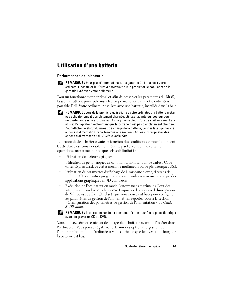 Utilisation d'une batterie, Performances de la batterie | Dell Precision M6300 (Late 2007) User Manual | Page 43 / 116