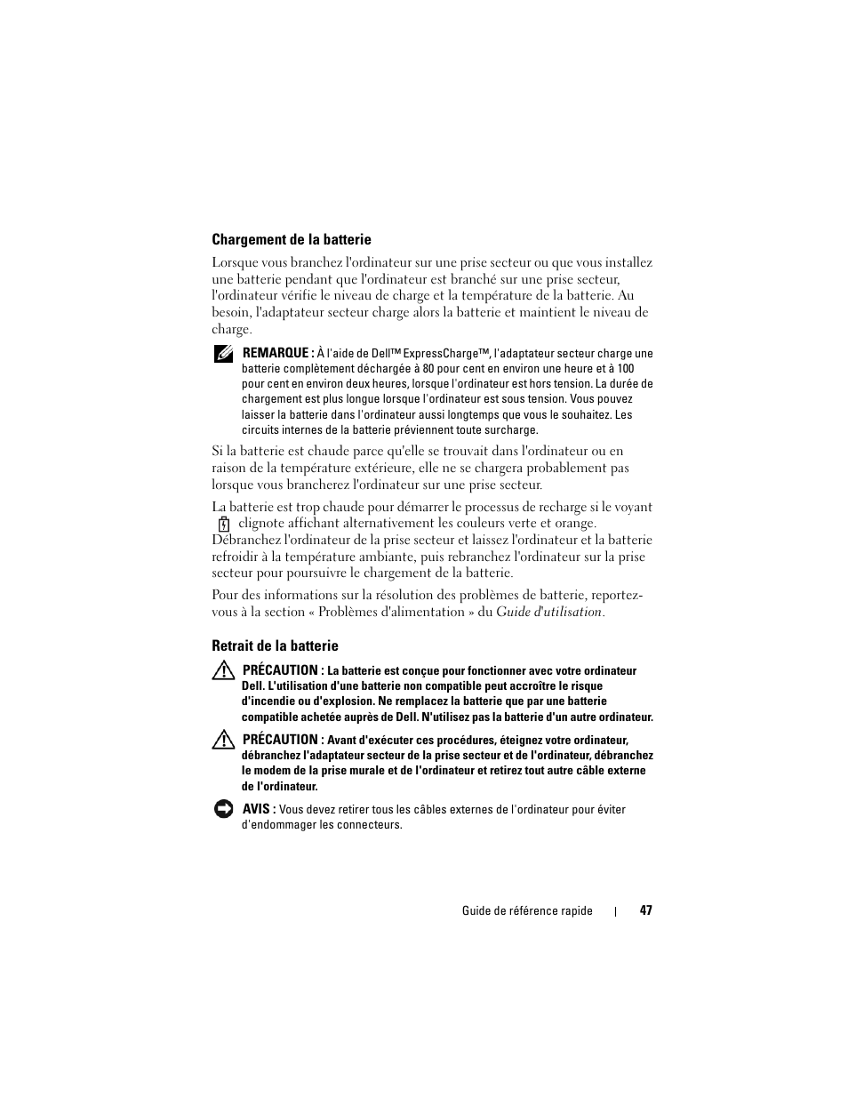 Chargement de la batterie, Retrait de la batterie | Dell Precision M6300 (Late 2007) User Manual | Page 47 / 116