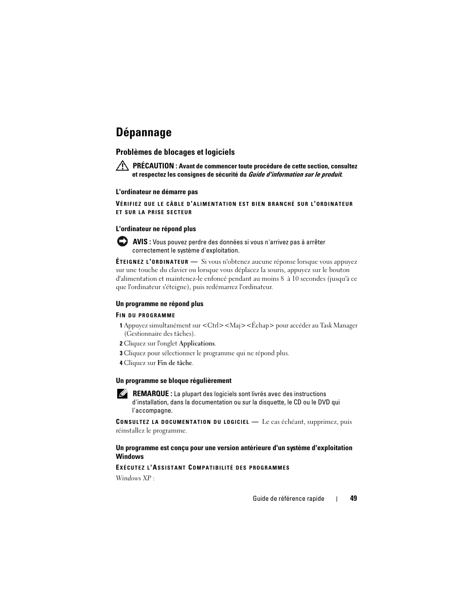 Dépannage, Problèmes de blocages et logiciels | Dell Precision M6300 (Late 2007) User Manual | Page 49 / 116