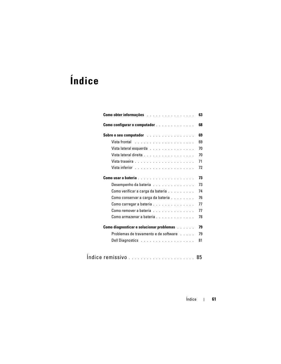 Índice, Índice remissivo | Dell Precision M6300 (Late 2007) User Manual | Page 61 / 116