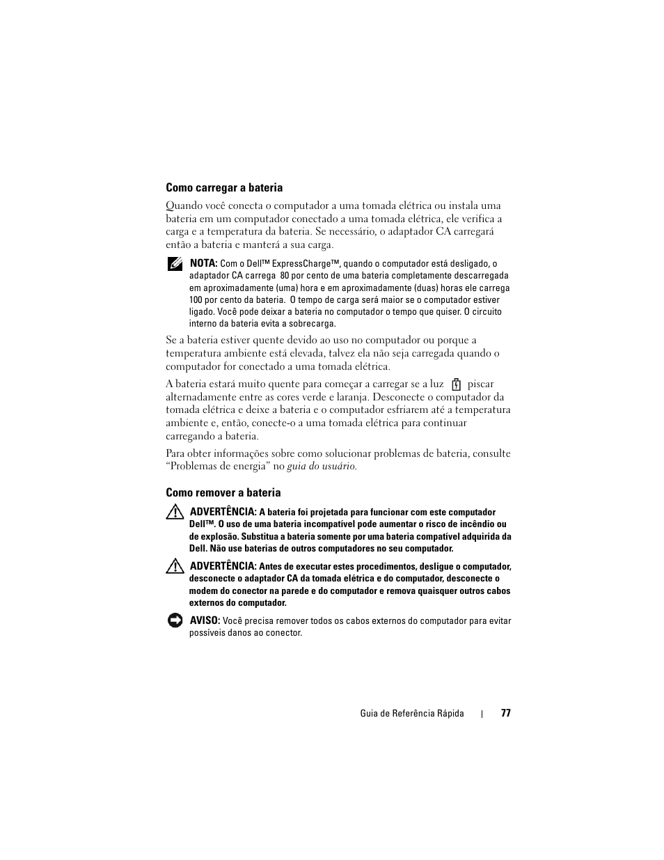 Como carregar a bateria, Como remover a bateria | Dell Precision M6300 (Late 2007) User Manual | Page 77 / 116